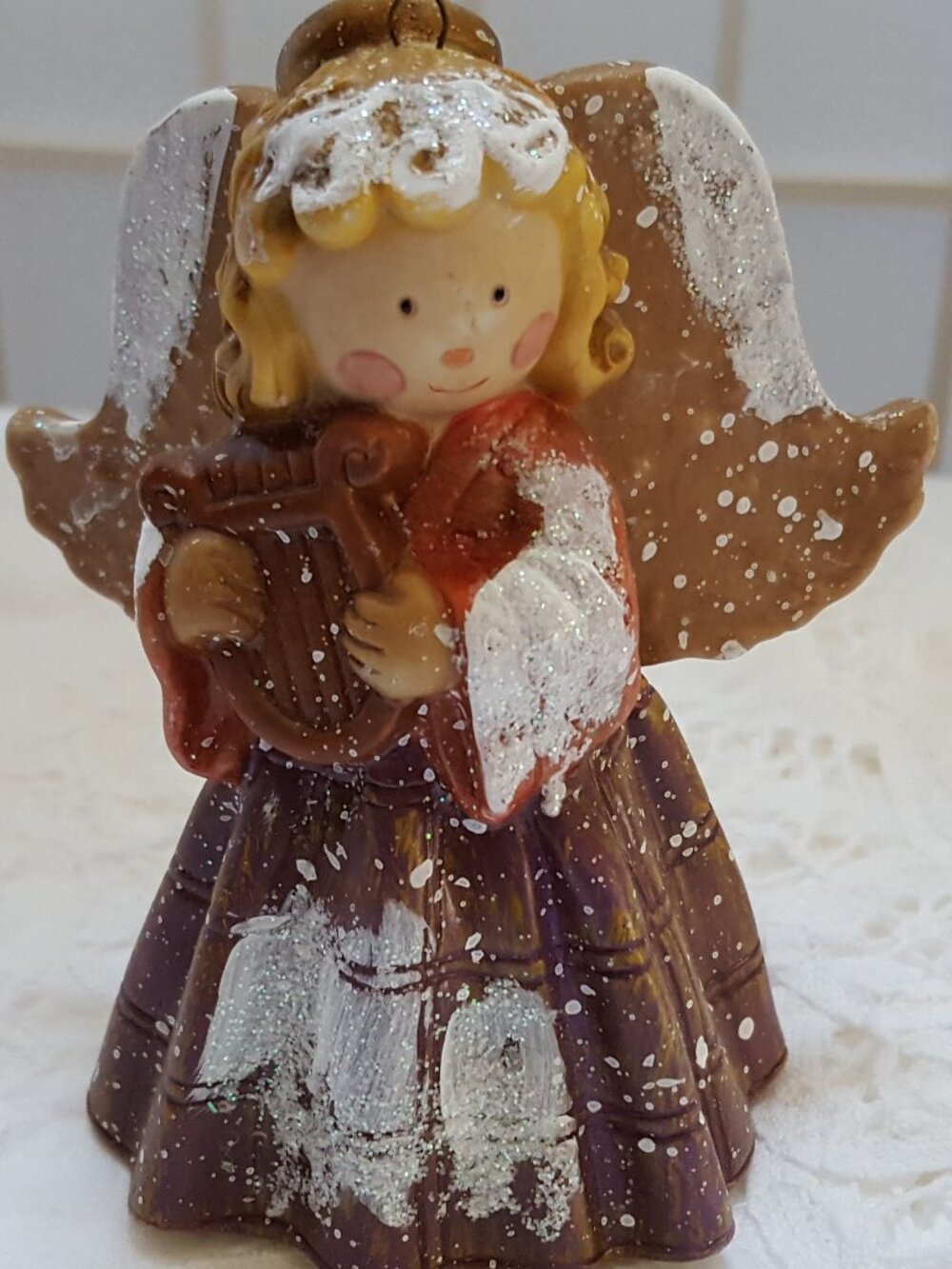 Rustic Angel Ornament Country Christmas Porcelain 4inch Hand Harp